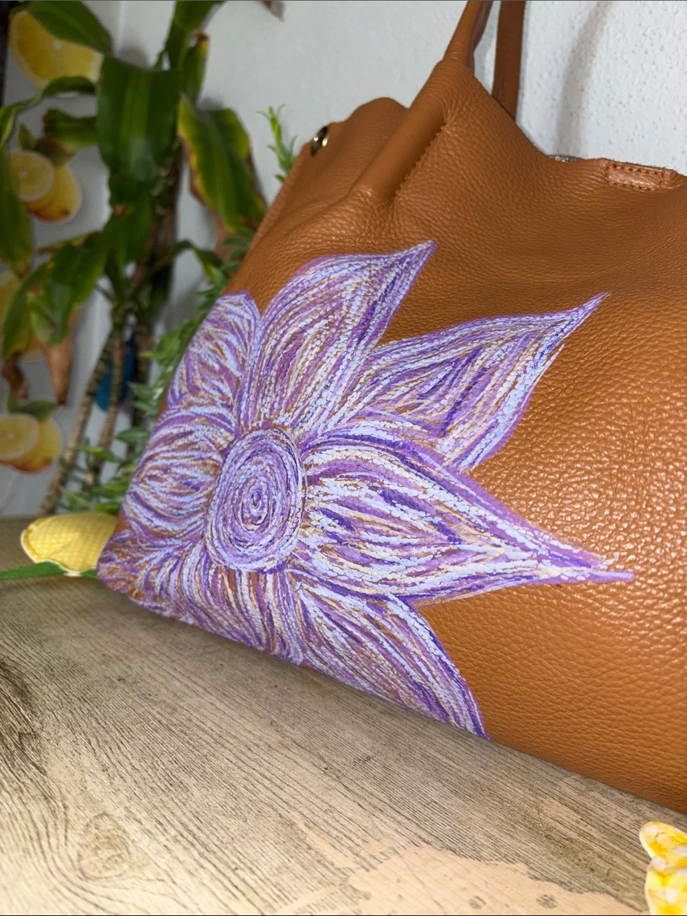 Upcycle Handpainted Alesia Capri Tan Leather Tote with Lavender Floral Accent